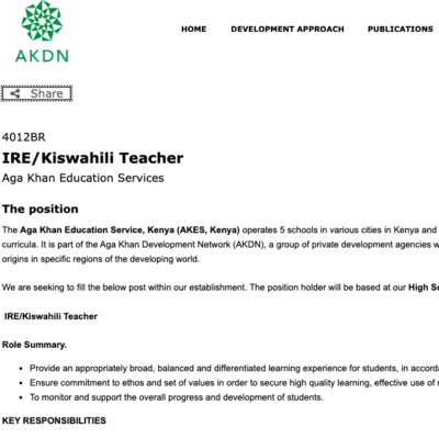 IRE/Kiswahili Teacher at Aga Khan Education Service, Kenya (AKESK)